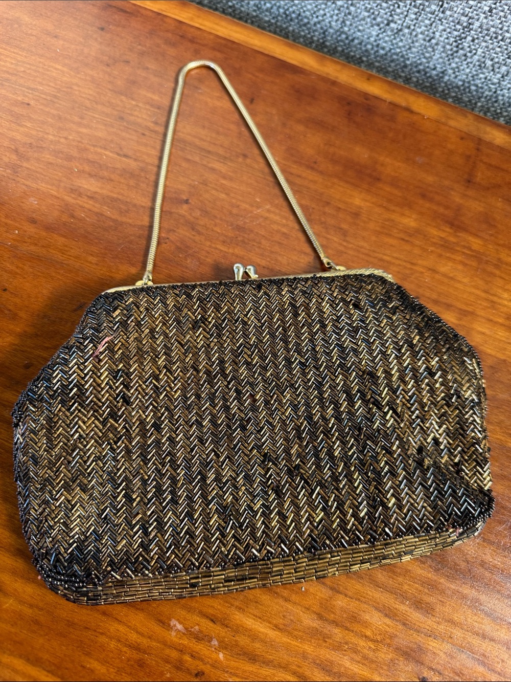 Vintage Hand Beaded Bronze Evening Bag Crown Colony of Hong Kong Clutch Purse